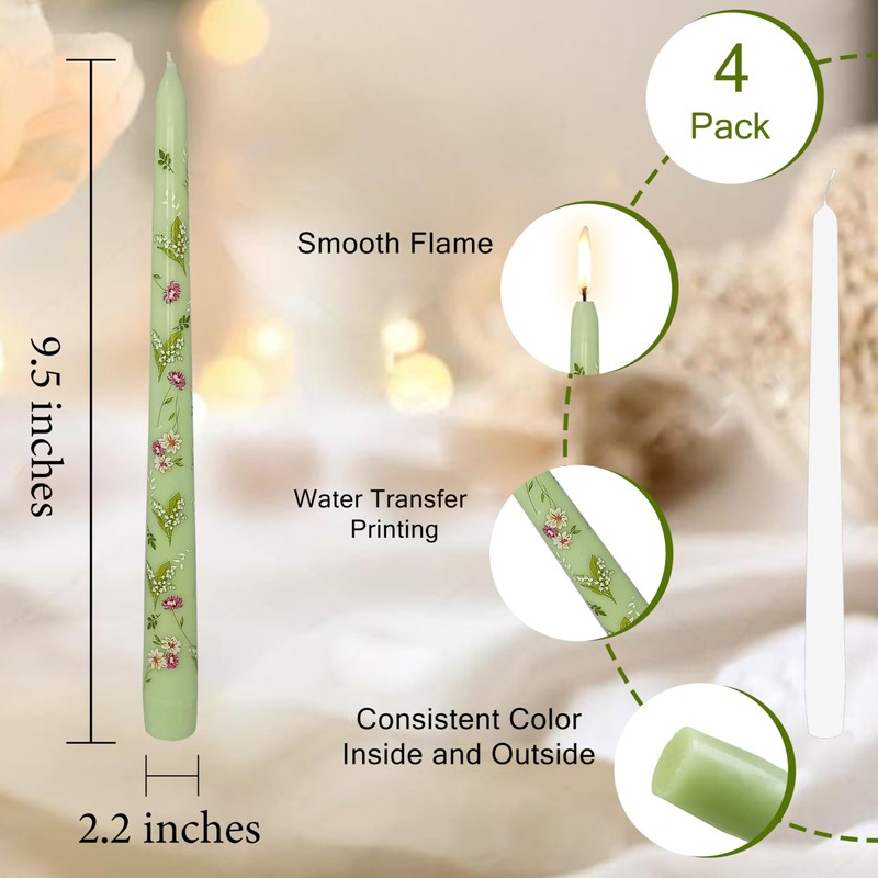 Scandinavian Tall Candle 10 in Green Printed Taper Candles Hand