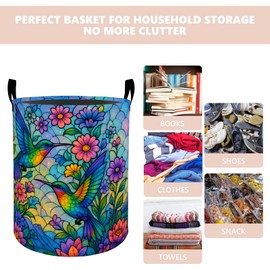 Colorful Hummingbird Laundry Basket Hamper 19.7"x15.7", Organizer Bins Gifts for Kids Boys Girls, Floral Stained Glass Foldable Wateshrproof Oxford Clothes Storage Bucket for Bedroom Bathroom Decor