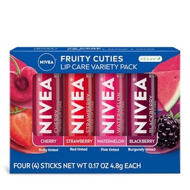 NIVEA Lip Care, Paquete Variado de Bálsamo Labial Tintado Frutal, Sabores a Cereza, Fresa, Mora y Sandía, Humedad, Reparación y Color 3-en-1, Barra de 0.17 Oz, Paquete de 4