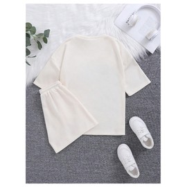 Verdusa Girl's Tracksuit Sets 2 Piece Outfits Letter Print Vacation Tee Top and Drawstring Waist Shorts White 11Y