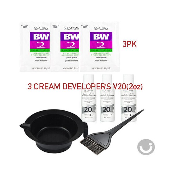 3LOT CLAIROL BW2 Powder Lightener 1oz + Creme Developer 20V 2oz + Bowl + Brush