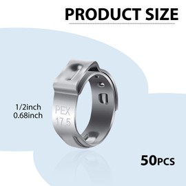 Yumfugu 50 PCS Automotive 1/2 Inch PEX Clamp, Stainless Steel Single Ear Anti-rust Crimp Ring Clamp, for PEX Pipe Tight Crimp Ring Connection Pinch, Universal for Most Cars Fastening Accessories