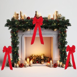 Hotop 9 Feet Prelit Artificial Christmas Garland with Lights and 5 Red Christmas Bows 10.2 x 26 Inch Christmas Wreath Bow Decorated with Pine Cones Berry Clusters Battery Powered, Christmas Collection