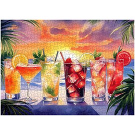Summer Beach Puzzles for Adults 1000 Pieces, PICKFORU Colorful Seaside Holiday Jigsaw Puzzles Sunset Scene, Impossible Challenging Rainbow Drinks Theme as Home Decor