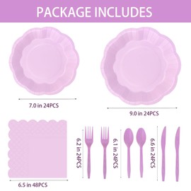 168 Pcs Purple Party Plates and Napkins Set, Light Purple Disposable Plates Include 9” & 7” Scalloped Paper Plates, Napkins, Cutlery (Forks, Knives, Spoons) for Birthday, Wedding, Baby Shower