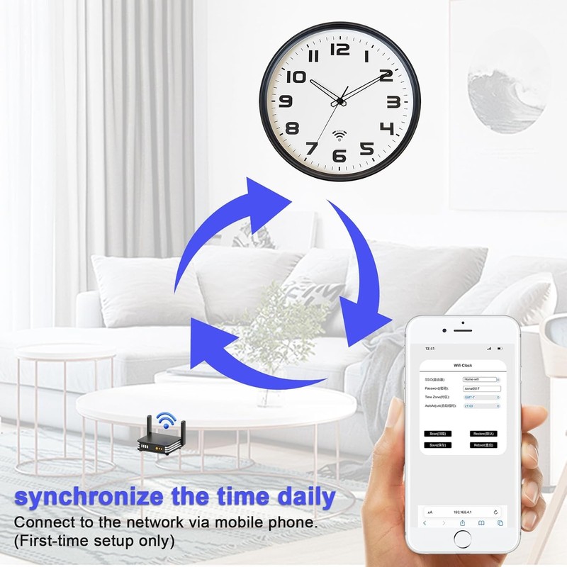 OCEST 12Inch Wi-Fi Wall Clock with Auto Sync Time &