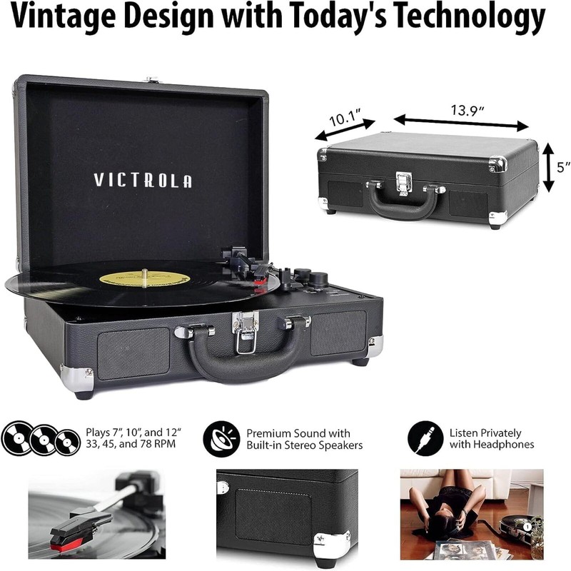 Victrola Journey+ Bluetooth Suitcase Record Player with Matching Record Stand