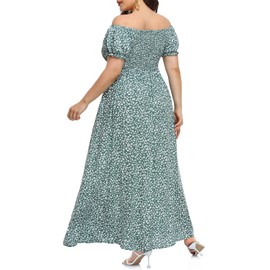 Sage Green Boho Maxi Dress Women Plus Size Sundress Off Shoulder Floral Print Casual Summer Shirred Split Long Beach Sun