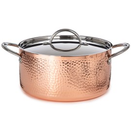 BergHOFF Vintage Tri-Ply Copper 9.5in Dutch Oven 5.75qt. With Matching Lid, Hammered, Long Ergonomic Shaped Handle, 3-layer Base, Gold