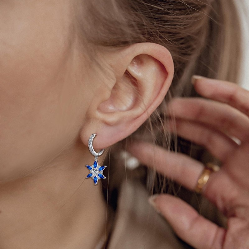 S925 Sterling Silver Blue Cubic Zirconia Snowflake Dangle Hoop Earrings