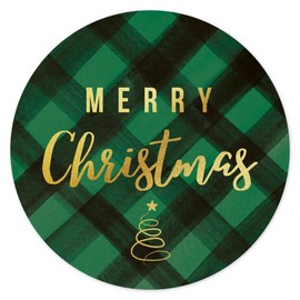 Mobiusea Creation Merry Christmas Stickers | Envelope Seals | 1.4 inch | Gold Foil | Green Buffalo Plaid Labels | Waterproof | 135-Pack for Holiday Stickers for Envelopes, Holiday Cards