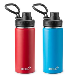 Mollcity 16 oz Water Bottle Stainless Steel Vacuum Insulated Wide Mouth Sports Flask, 2 Pack Water Bottle with Leakproof Spout Lid (Canyon Red-Sky Blue)