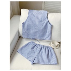 SweatyRocks Women's 2 Piece Summer Outfits Striped Tie Front Bow Sleeveless Top and Shorts Set Blue Large