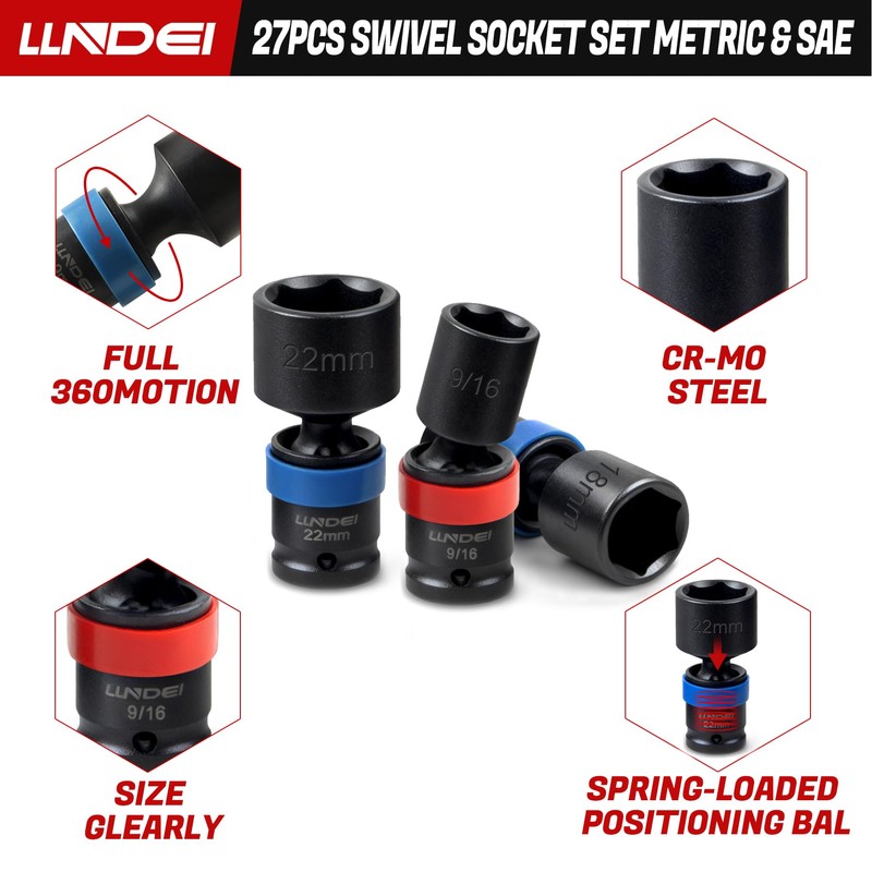 LLNDEI 27Pcs 3/8" Impact Socket Set, Metric(8-22mm) & SAE(5/16"-3/4")