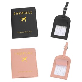 PATIKIL Passport Holder with Luggage Tag, 2 Set of Leather Travel Passport Cover Wallet with Suitcase Tag Travel Accessories for Men Women Airplane, Black/Pink