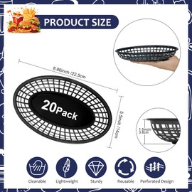 MEOTAKILE 20 Pack Black Plastic Fast Food Baskets, 8.8 × 5.5 inch Small Oval Plastic Restaurant Serving Baskets For Burgers,Sandwiches,Popcorn,Nachos,Fries,Food Trucks,Reusable-Easy Clean