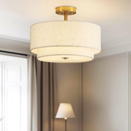 QHANTOMIZE 16" Semi Flush Mount Ceiling Light Fixture, 3-Light Black Flush Mount Ceiling Light with Double Drum Fabric Shades for Dining Room Bedroom Kitchen Hallway Living Room, E26 Socket