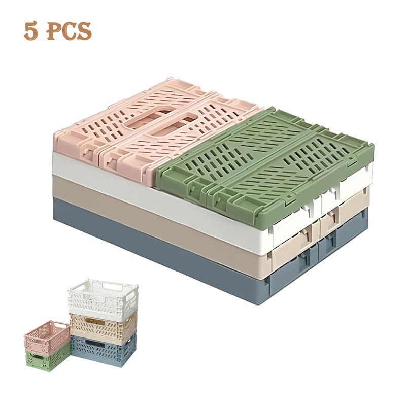 Pack of 5 Folding Boxes, Foldable, Stable, Plastic, Sturdy Folding