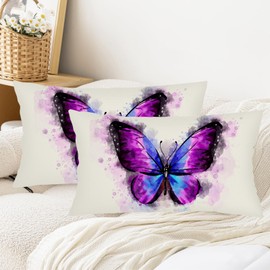 Butterfly Throw Pillow Covers 12x20 Set of 2,Watercolor Butterflies Decorative Pillow Cover Outdoor Pillowcase Lumbar Pillow Case with Zipper Farmhouse Cushion Cases for Couch Sofa,White Blue Purple