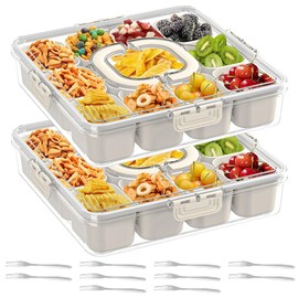 2 Pack Divided Snackle Box Container Clear Serving Tray With 12 Compartment & Lid & Handle, Portable Charcuterie Board Travel Snack Box Container Snacklebox for Veggie, Candy, Fruits, Nuts, Snacks