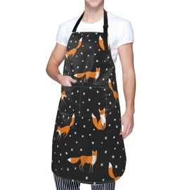 Hysing Orange Fox Cooking Apron For Women Men With Pockets,Woodland Animal White Star Black Oxford Cloth Kitchen Apron With Adjustable Neck For Home Waitress Chef Baking/Bbq Waterproof 28x33 Inches