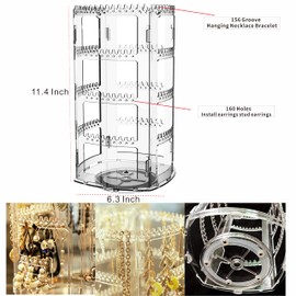 Cq acrylic 360 Rotating Earring Holder Organizer,11.4Inch Tall 4 Tiers Clear Acrylic Earring Rack Display Stand,160 Holes and 156 Grooves for Earrings Necklaces Carousel Jewelry Rack,Pack of 1