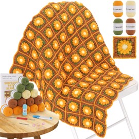 Blanket Crochet Kit for Beginners, Granny Squares Crochet Blanket Kit with Soft Yarns, Detailed Instructions & Step-by-Step Tutorials, Easy Knitting Kit for Beginner Craft Gift(Brown Sunflower)