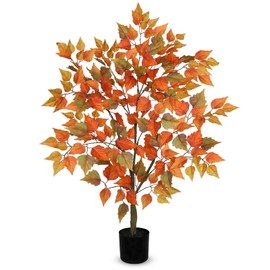 Artificial Fall Tree with Pot, 40.5" Tall Fake Birch Tree with Realistic Wood Trunk Silk Orange Leaves for Home Decor, Faux Autumn Maple Tree for Indoor Outdoor Home Decor and Housewarming Gift 3ft