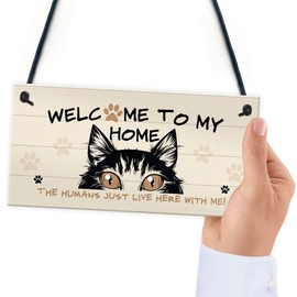 RED OCEAN Funny Cat Sign Welcome Sign Cat Lovers Gift For Women Home Decor Animal Sign Pet Gifts