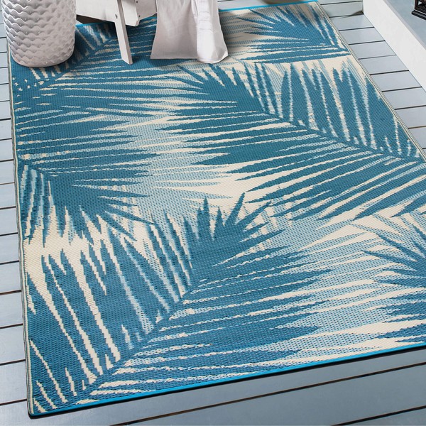 Rugshop Tropical Floral Reversible Crease-Free Waterproof Premium Recycled Plastic Outdoor Rugs for Patio,Backyard,RV,Deck,Picnic,Trailer,Beach,Camping Blue 7'10" x 10'