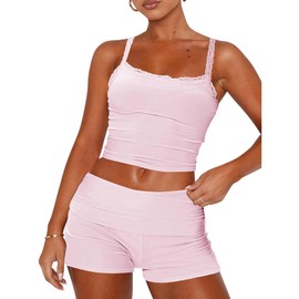 Women's Summer Loungewear Set Lace Trim Cami Tops with Fold Over Waist Shorts 2 Piece Sleepwear (A-Pink, M)