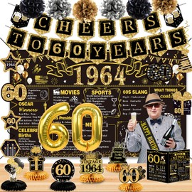 60th Birthday Decorations for Men Women,24PCS 1964 Banner Decorations,Including 1964 Banner,6 Honeycomb Topper,60 Balloons,Anniversary Card,Cheers to 60 years banner,7 Hanging Swirl,6 paper Poms,sash
