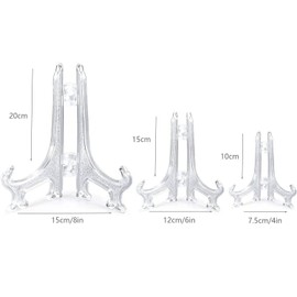 Hysgscwd 3Pcs Clear Plastic Easels, 4/6/8 Inch Acrylic Easels Stand, Decorative Plates Stand, Display Holders for Pictures, Photo Frames, Greeting Cards, Tabletop Artworks, Place Card, Collectibles