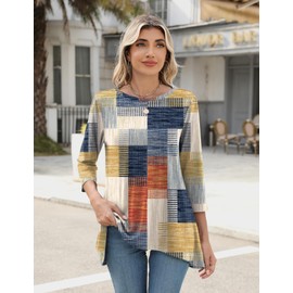 LOMON Women's Summer Tops Tunics to Wear With Leggings 3/4 Sleeve Flowy Shirts for 2025 Trendy Clothing with Elbow Length Blocks M