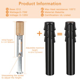 Helunsi 6 Sets E12 Chandelier Socket, Candelabra Socket Replacement, Adjustable Height Chandelier Light Socket with Black Candle Sleeves Cover & Cardboard Insulators, Repair Candelabra Lamp Base Parts