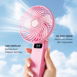 Absolute New York LED Foldable Beauty Fan, 5 Speeds, Hands-Free Wear, Adjustable XL Head, Perfect for Your Daily Glam Routine (Baby Pink)