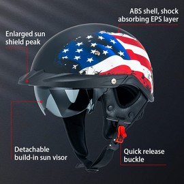 Myamis Half Helmet Motorcycle Men Women Dot Approved Size Adjustable Custom Fit Cruiser Retro Half Size Helmet with Visor American Flag MH118 (XXL, Patriotic Flag)