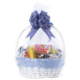 White Round Willow Gift Basket, with Blue Gingham Liner and Handle- Set of 3