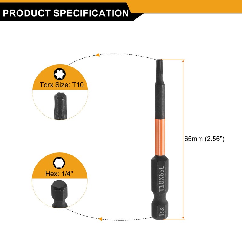 sourcing map 5pcs T10 Torx Head Screwdriver Bit 2.56" (65mm)