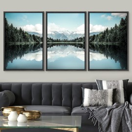 SIGNWIN Framed Canvas Print Wall Art Set Blue Pine Tree Forest Lake Reflection Nature Wilderness Photography Realism Decorative Scenic Rustic Chic for Living Room, Bedroom, Office - 24"x36"x3 Black