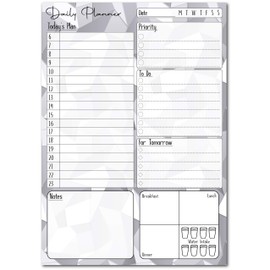 A5 Daily Planner 50 Sheet Note Pad with Schedule, Priority, To Do Lists, Doodle Notes & Meal Organiser (Grey Geometric)
