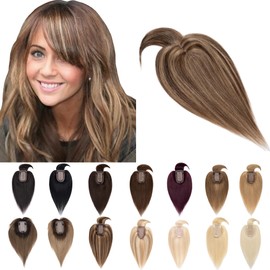 SEGO Hair Toppers for Women Real Human Hair With Bangs 7 * 13CM Silk Base 100% Remy Human Hair Clip in Top Wiglet Hair Pieces for Thinning Hair -8 Inch/Medium Brown&Dark Blonde