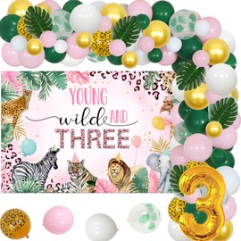 Wonmelody Young Wild and Three Decorations Wild Three Birthday Decor Girl with Young Wild and Three Backdrop Tropical Cheetah Garland Kit Jungle Safari Animal 3rd Party Decor for 3rd Girl
