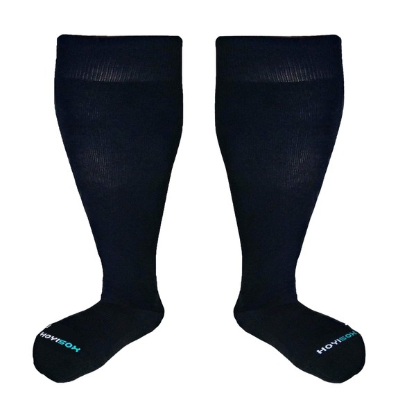 HOYISOX Plus Size Compression Knee High Socks, Wide Calf Extra Large for Men and Women, Comfortable Cotton (US, Alpha, X-Large, Regular, Regular, Black)
