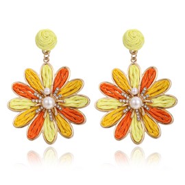 RUOFFETA Boho Raffia Flower Earrings for Women – Lightweight Dangle Jewelry, Summer Beach Vacation Accessories(Orange Ombre)