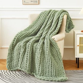 Admitrack Chunky Knit Blanket Throw, 100% Hand Knit Chenille Throw Blanket for Sofa & Home Decor, Soft and Cozy Knitted Throw Blankets (Sage Green，40"x50")