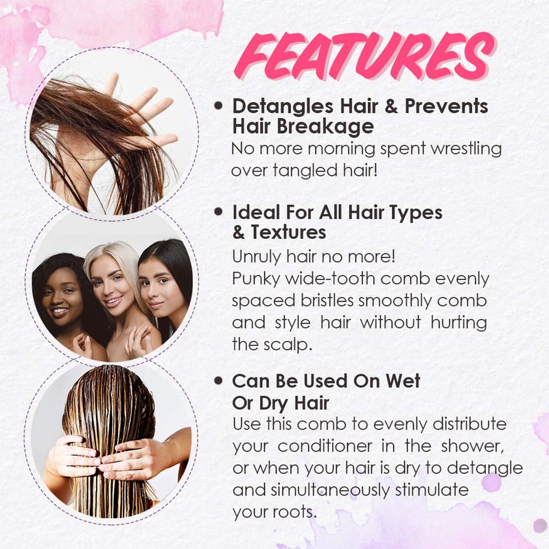 Punky Wide Tooth Comb for Women - Pink, Detangler Comb,