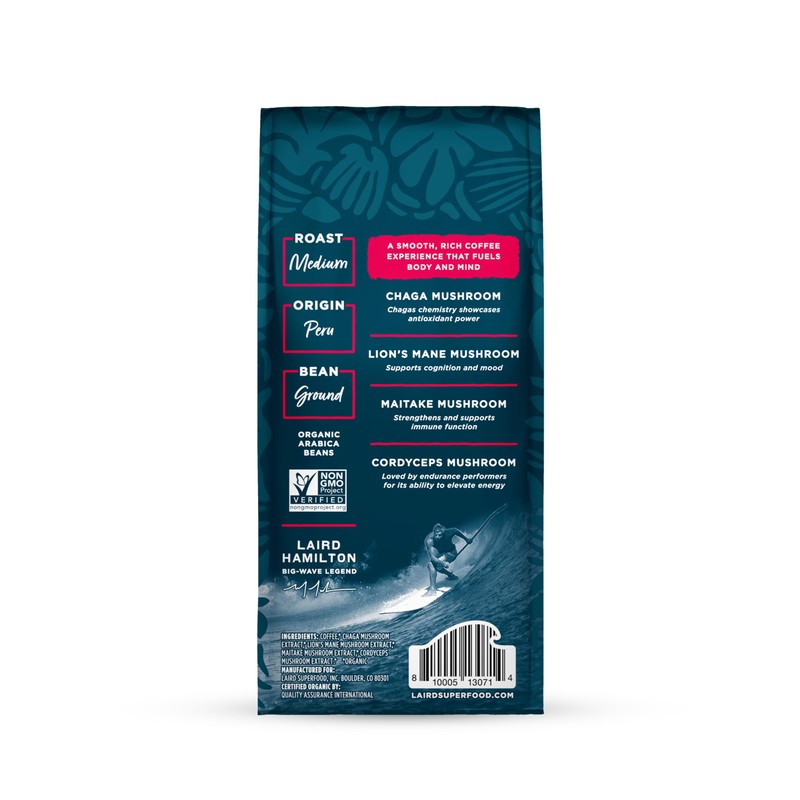 Laird Superfood Peruvian Medium Roast Coffee with Functional Mushrooms, Certified