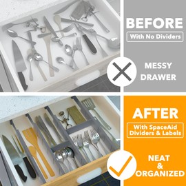 SpaceAid Bamboo Drawer Dividers with Inserts and Labels, Kitchen Adjustable Drawer Organizers, Expandable Organization for Home, Office, Dressers, 4 Dividers with 9 Inserts (17-22 in, Gray)