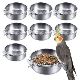 kathson 8 Pack Bird Feeding Dish Cups, Stainless Steel Parrot Feeders Water Cage Bowls with Clamp Holder Bird Feeders for Parakeet Cockatiels Conure Budgies Lovebird Finch and Small Animals